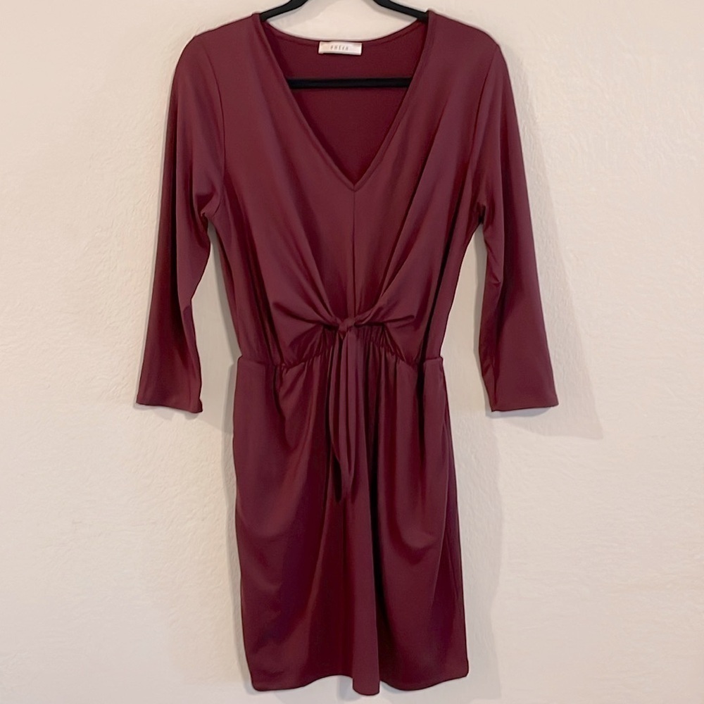Entro Women's Midi Dress Medium Burgundy Long Sleeve Stretch Gathered Tie Waist